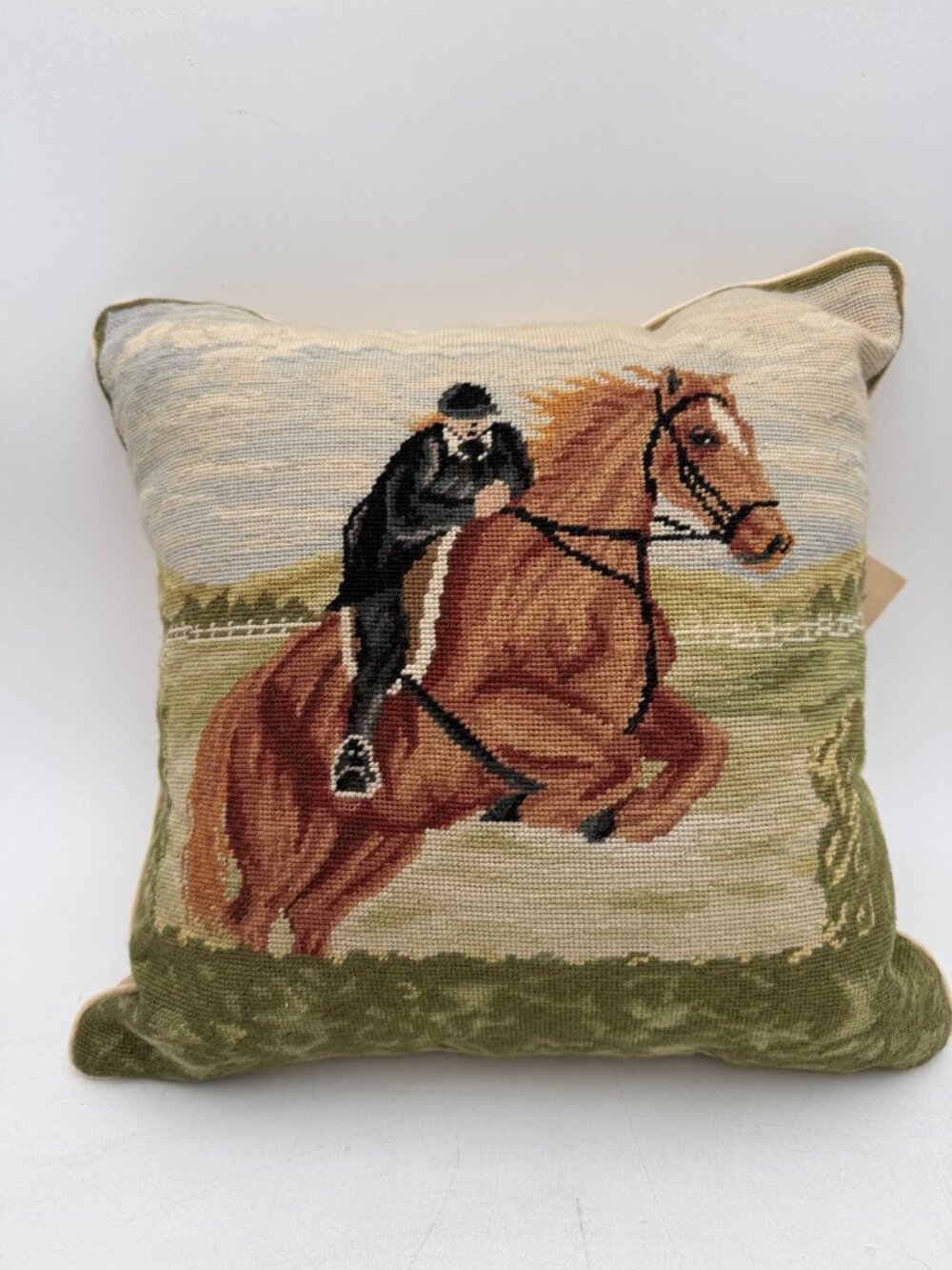 Michaelian Home Equestrian Needlepoint Pillow Hunt Scene Horse Rider Velvet Back